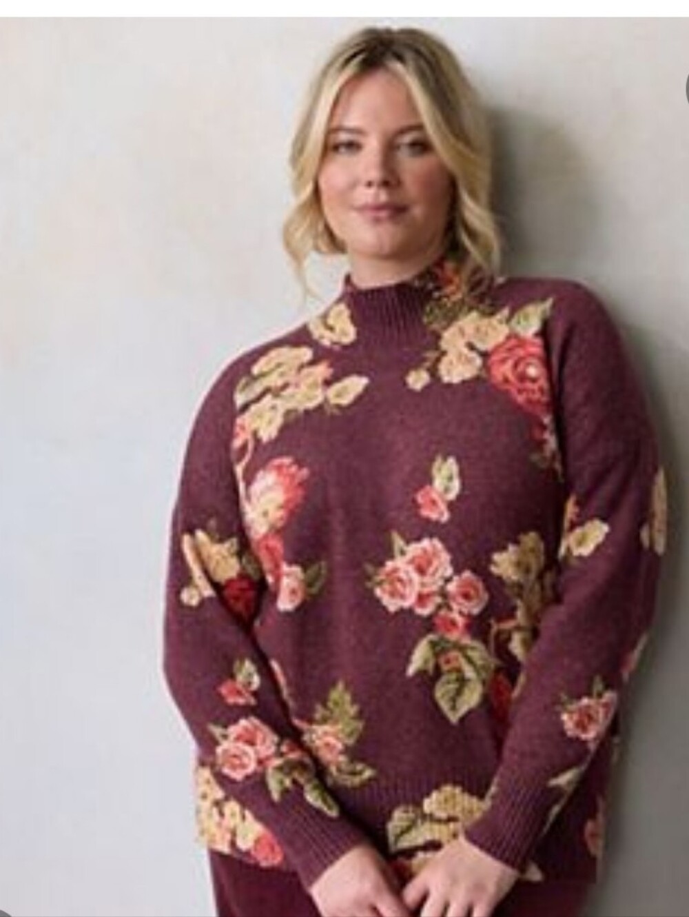 LC Lauren Conrad Mock Neck Pull Over Sweater-plum Floral Fall Colors-XXL